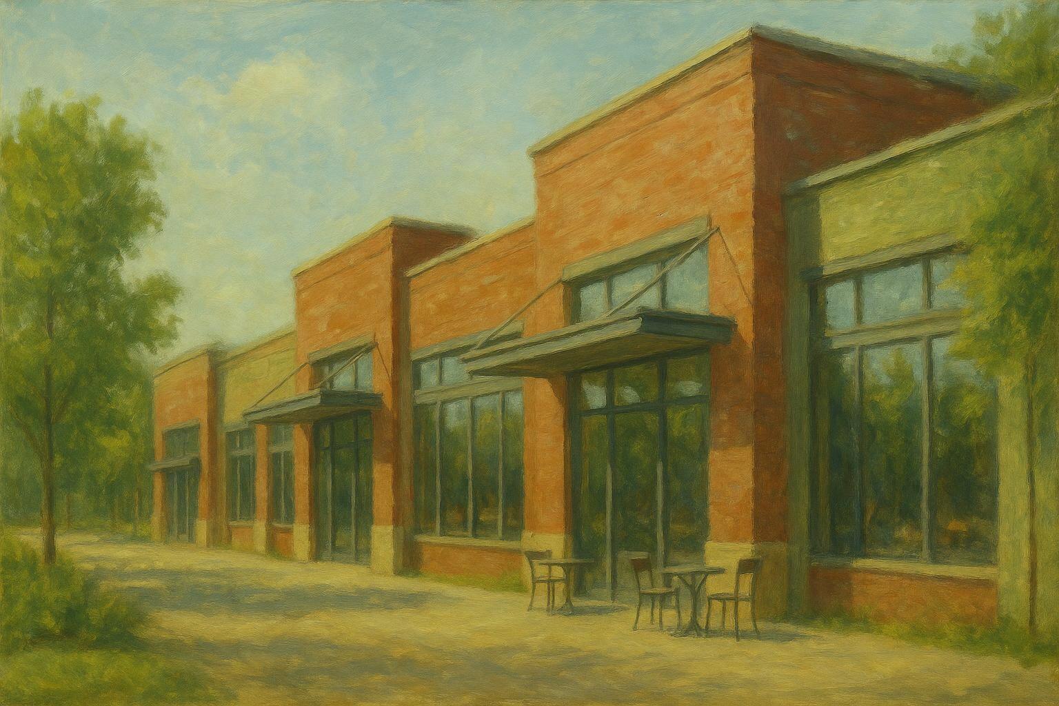 A small town brick main street block, painted