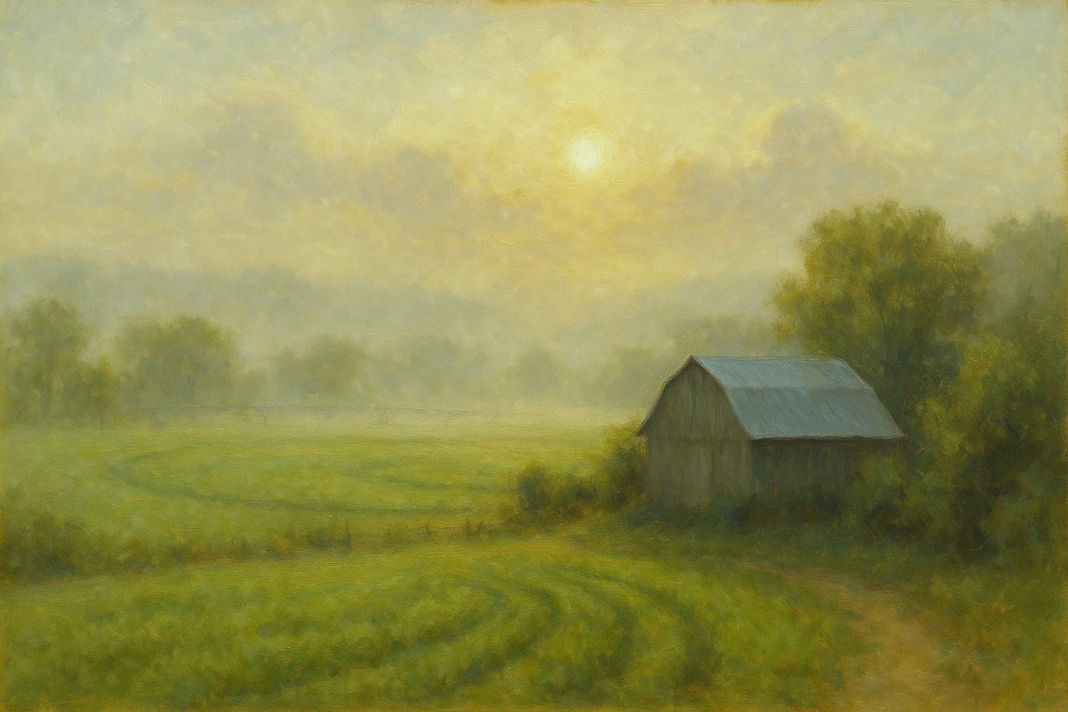 Cattle grazing in bottomland pasture beside a creek, painted