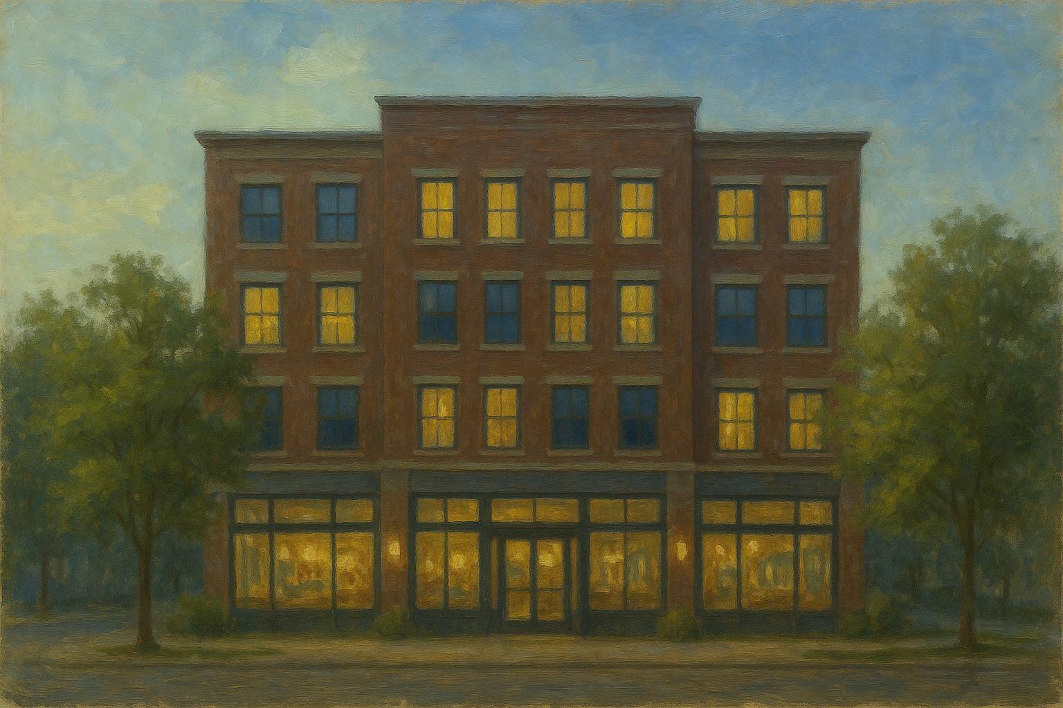 A row of brick buildings with shops below and apartments above, painted