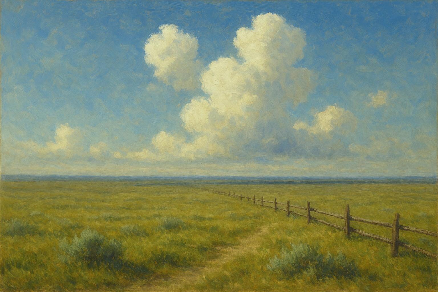 Open rangeland with a fence line receding to the horizon, painted