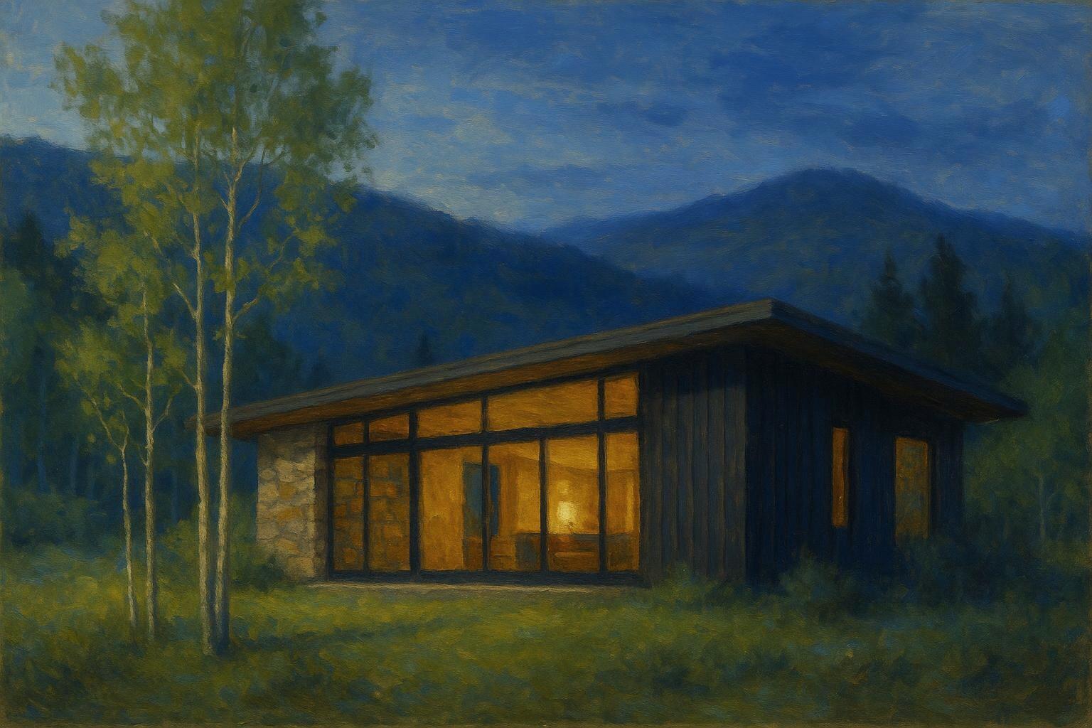 A farmhouse beneath cottonwood trees at evening, painted