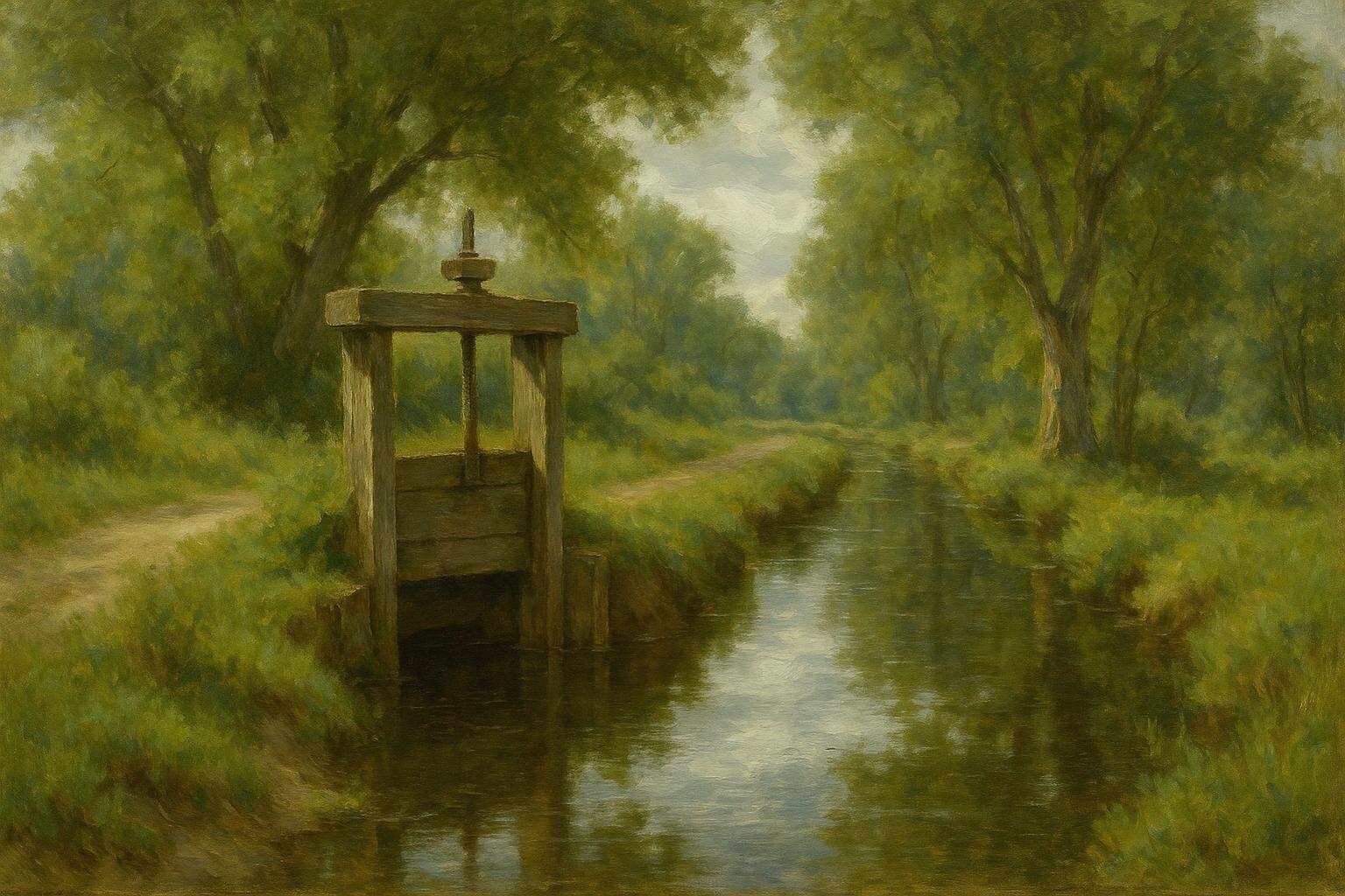 An irrigation headgate on a tree-lined ditch feeding green fields, painted